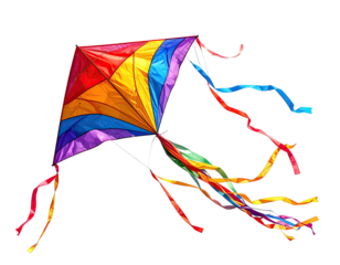 Colorful diamond-shaped kite with rainbow-colored panels and trailing ribbons against a black background