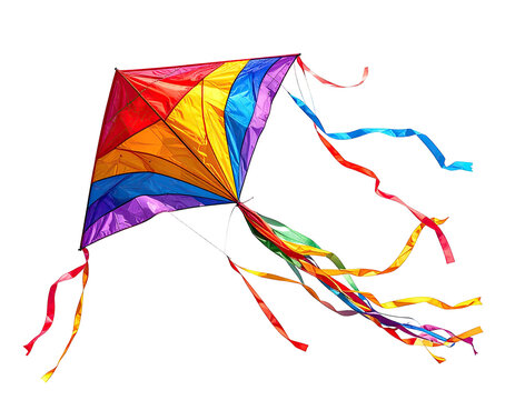 Colorful diamond-shaped kite with rainbow-colored panels and trailing ribbons against a black background - Powered by Adobe