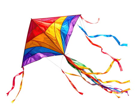 Colorful diamond-shaped kite with rainbow-colored panels and trailing ribbons against a black background