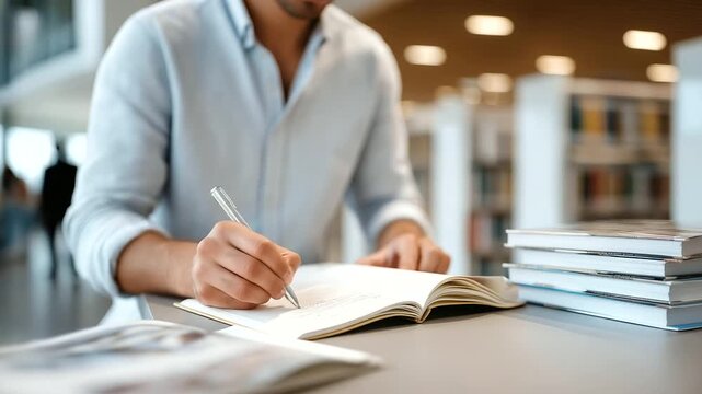 A researcher browses journals in a library&rsquo;s periodical section with magazines stacked a notebook open a pen scribbling and shelves of bound volumes nearby captured in a