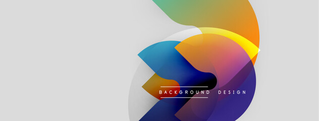 Abstract colorful shapes overlap, creating dynamic visual effect. Gradient hues blend smoothly, forming modern background design.