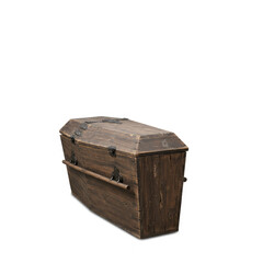 Weathered wooden coffin with iron hardware on a white background