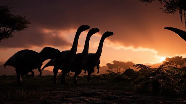 Dinosaurs walking across a prehistoric landscape, with a large carnivorous dinosaur confronting a group of long-necked herbivores under a dramatic sunset sky