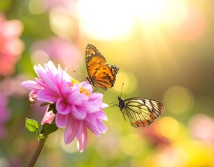 Butterflies on Pink Dahlia Flower.