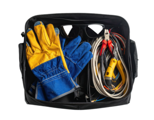 Open toolbox with safety gloves, tools, and wires