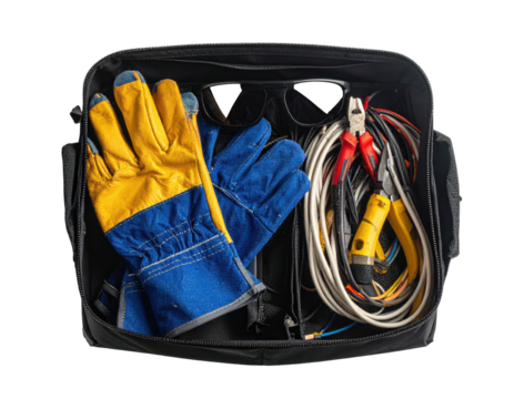 Open toolbox with safety gloves, tools, and wires