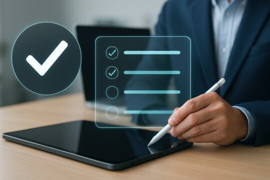 Checklist interface with checkmarks and verification icon above digital tablet used with stylus
