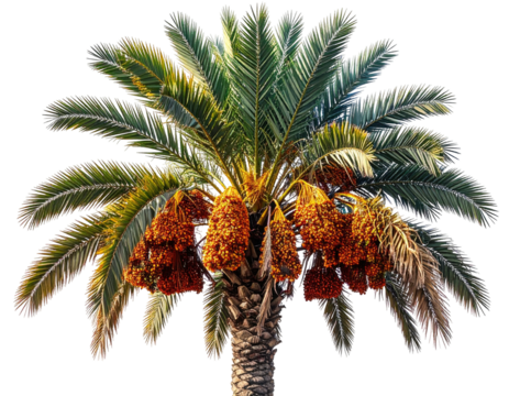 Full shot of a date palm tree laden with clusters of ripe dates