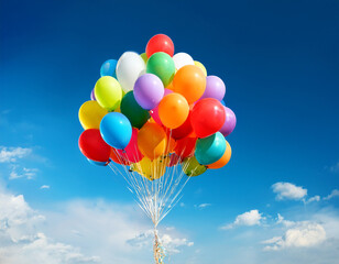 Bunch of balloons flying in the blue sky. The concept of a holiday, congratulations, gifts, events