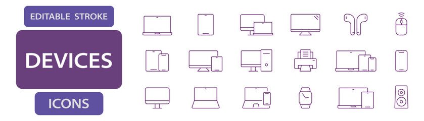 Devices  Editable strok line icons. Vector set for technology and electronics interface, app.