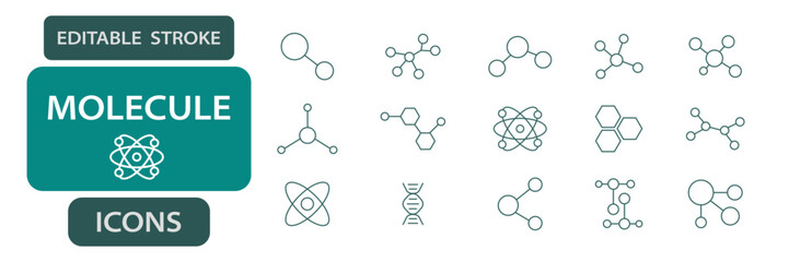 Molecule Editable stroke line icons.  vector set for science, chemistry and biology.