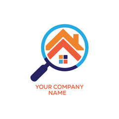 Real Estate Logo with Magnifying Glass, Orange and Blue Houses, and Window Design
