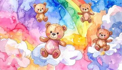 くまの水彩イラスト、虹と雲とテディベア、空を飛ぶくま、カラフルな背景の動物イラスト、子供向けイラスト、ふわふわ雲の上のくま、可愛い水彩画、ファンタジーな空の世界、手描き風くまのキャラクター、空想の動物アート、絵本のような風景、パステルカラーの背景、にじいろの空、キッズアート素材、夢の世界のくま
