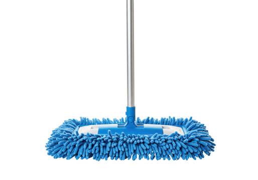Isolated mop with blue microfiber head for floor cleaning in home or office care indoors