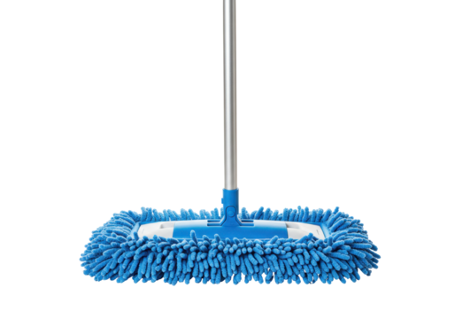 Isolated mop with blue microfiber head for floor cleaning in home or office care indoors