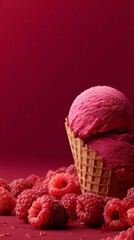 A delightful raspberry ice cream cone, topped with rich pink scoops, is surrounded by fresh raspberries, creating a vibrant dessert scene with copy space