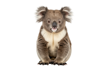 Isolated Australian Koala sits and stares curiously. Captivating animal with fluffy ears