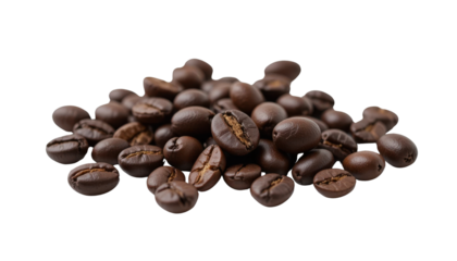 A top-down view of approximately 10-15 realistic roasted coffee beans, casually scattered and showing varied textures and colors, isolated on a transparent background.