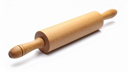 Fototapeta premium Wooden rolling pin with tapered handles, placed on white background, showcasing classic kitchen tool design.
