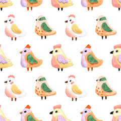 Seamless cartoon birds pattern. Cute pastel animals hand drawn with crayon in pink, orange, purple and green. Whimsical childish design for baby textile and stationery.