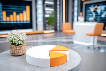 Modern office interior with 3d pie chart on table, digital screens with analytics and cozy decor elements