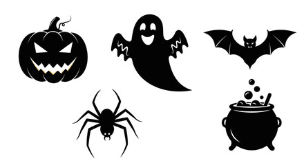 Fototapeta premium Halloween icons set black silhouettes spooky characters simple design isolated background