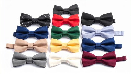 Grid of twelve colorful bow ties in varied styles and hues, arranged neatly for fashion or formalwear selection.