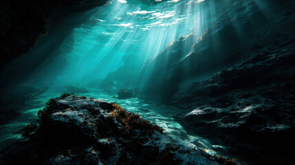 Obraz premium Experimental ocean design showcases beauty of underwater landscapes with light filtering through water creating serene atmosphere