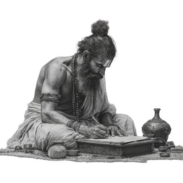 Detailed monochromatic portrayal of a scribe deeply engrossed in ancient lore on an isolated plane