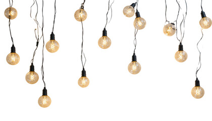 Multiple strands of illuminated decorative globe string lights, with their individual bulbs casting a soft, golden glow, presented as isolated elements on a clean white backdrop.