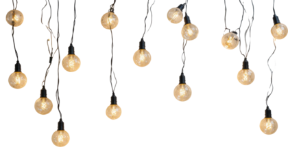 Multiple strands of illuminated decorative globe string lights, with their individual bulbs casting a soft, golden glow, presented as isolated elements on a clean white backdrop.