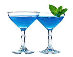 Two vibrant blue cocktails in stemmed glasses, garnished with mint leaves