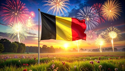 Belgian flag waving over lush green field with fireworks and sunset sky, symbolizing national pride, rural celebration, and cultural unity.