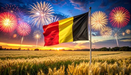 Belgian flag waving over lush green field with fireworks and sunset sky, symbolizing national pride, rural celebration, and cultural unity.