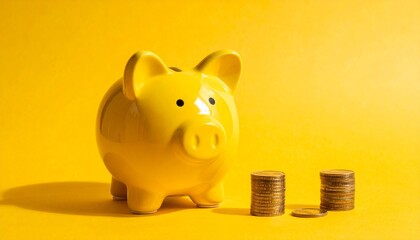 Yellow piggy bank with coin stacks on yellow surface and background, symbolizing savings, budgeting, and financial planning.