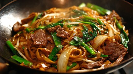 Chinese fried rice noodles chow fun stir fried beef and soy sauce smoky street wok cooking
