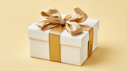 Obraz premium Elegant white gift box with golden satin ribbon and bow for celebration and special occasion