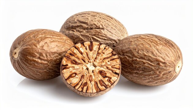 Nutmeg seeds with cracked shell revealing inner kernel, scattered fragments, and green leaves on neutral surface&mdash;symbolizing natural spice, earthy complexity, and culinary origin.