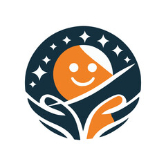 A cheerful character cradled by hands, surrounded by stars in a circular design, symbolizing care