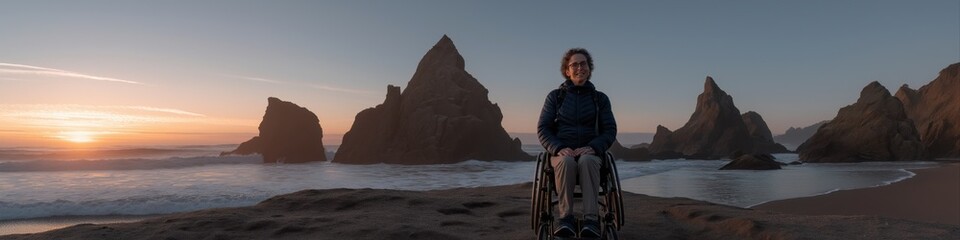 Fototapeta premium Caucasian woman in wheelchair enjoying serene beach sunset with rocky formations