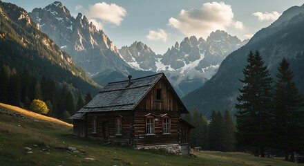 Alpine mountain cabin landscape