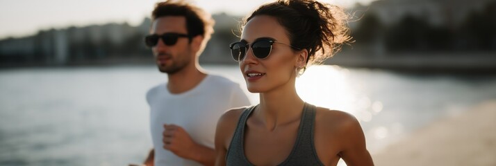 Young caucasian couple jogging by the beach at sunset