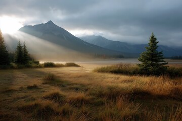Sunbeams over misty mountain landscape with pine trees and grassy meadow