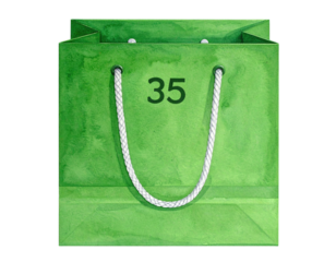 A vibrant green shopping bag with white handles.  Number 35 is visible inside