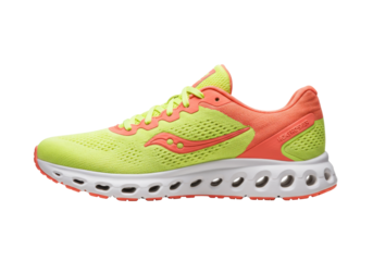 Isolated running shoe on a neutral surface for fitness and activewear fashion concepts