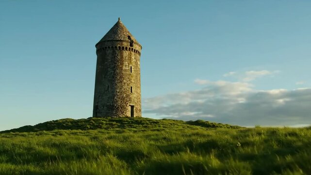Majestic ancient stone cairn like tower standing tall on a verdant grassy hilltop against a bright blue sky