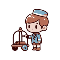 A cheerful bellboy in a blue uniform stands beside a luggage cart in a hotel lobby, smiling