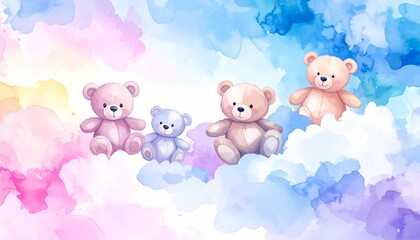 くまの水彩イラスト、雲の上のテディベア、ふんわりパステル背景、空を漂うくまたち、ベビールームのアート、可愛いキャラクターイラスト、手描き風のくま、ファンシーな空のイメージ、キッズ向けデザイン素材、夢の中のような空、水彩風のぬいぐるみ、やさしい色合いの背景、子供向けのイラスト素材、メルヘンな世界、ふわふわの雲と動物
