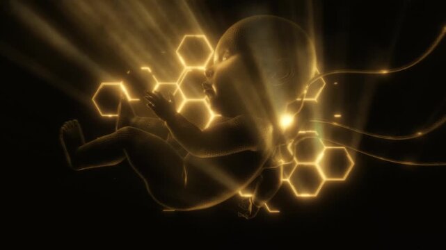 A 3D character of a synthetic human baby attached to wires and floating over a tech style background with digital detail and pulsing effects.

