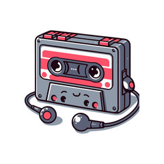 A cheerful, cartoon-style cassette tape with headphones, symbolizing nostalgia in a vibrant setting
